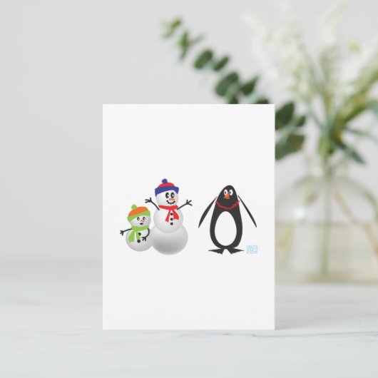 Schneemänner und Pinguin Postkarte (Stehend Vorderseite)