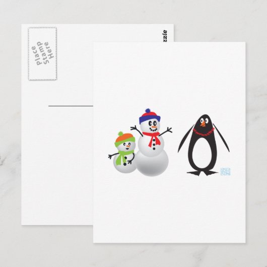 Schneemänner und Pinguin Postkarte (Vorne/Hinten)
