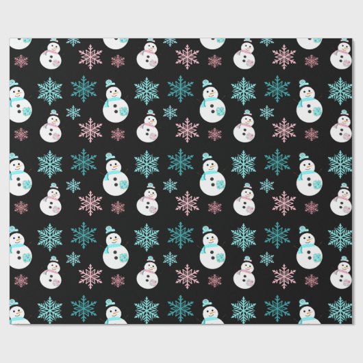 Schneemänner und Schneeflocken Aquamarin und rosa Geschenkpapier (Flach)