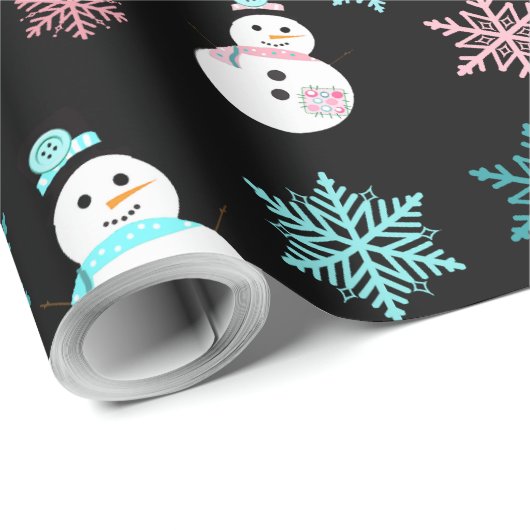 Schneemänner und Schneeflocken Aquamarin und rosa Geschenkpapier (Rolleneckpunkt)