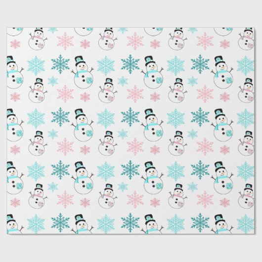 Schneemänner und Schneeflocken Aquamarin und rosa Geschenkpapier (Flach)