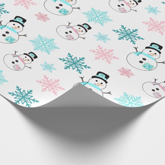 Schneemänner und Schneeflocken Aquamarin und rosa Geschenkpapier (Ecke)