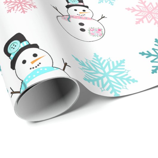 Schneemänner und Schneeflocken Aquamarin und rosa Geschenkpapier (Rolleneckpunkt)
