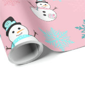 Schneemänner und Schneeflocken Aquamarin und rosa Geschenkpapier (Rolleneckpunkt)