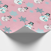 Schneemänner und Schneeflocken Aquamarin und rosa Geschenkpapier (Ecke)