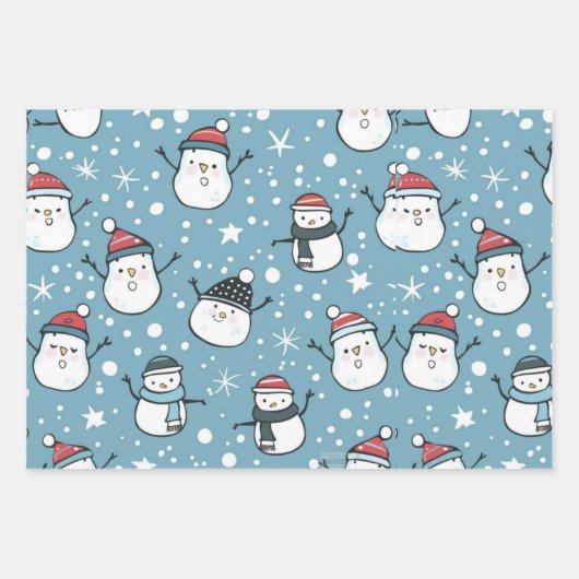 Schneemänner und Schneeflocken Weihnachten Geschenkpapier Set (Vorderseite 3)