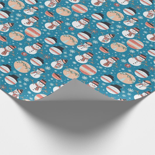 Schneemänner und Weihnachtsschmuck Blauer Weihnach Geschenkpapier (Ecke)