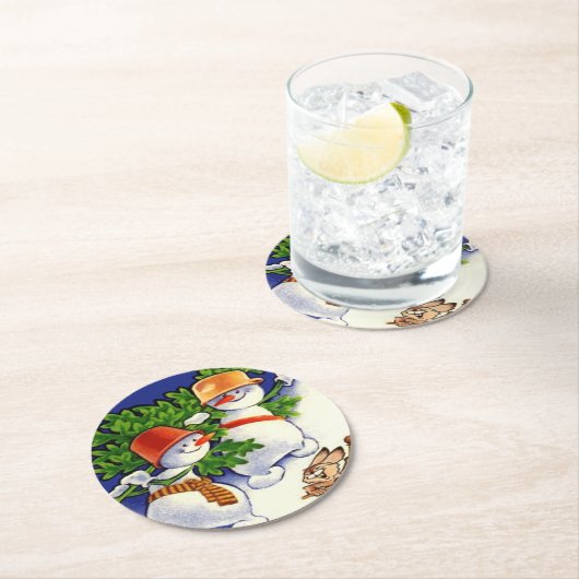 Schneemänner Weihnachtsbaum Drumming Rabbit Runder Pappuntersetzer (Vor Ort)