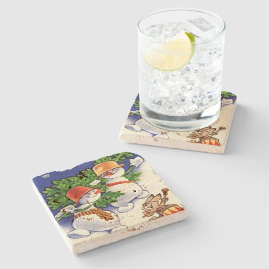 Schneemänner Weihnachtsbaum Drumming Rabbit Steinuntersetzer (Seitenansicht)