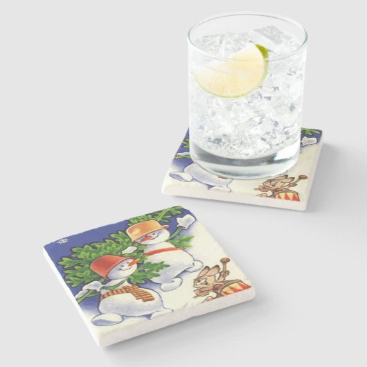 Schneemänner Weihnachtsbaum Drumming Rabbit Steinuntersetzer (Seitenansicht)