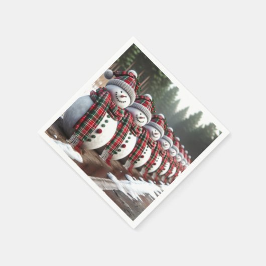 Schneemännerreihe mit Karierten Karren Serviette (Ecke)