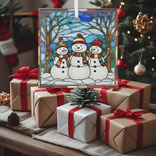 Schneemannfamilie Faux-Buntglas Ornament Aus Glas