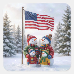 Schneemannfamilie unter einer amerikanischen Flagg Quadratischer Aufkleber