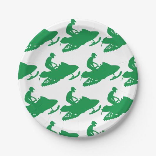 Schneemobil in Grün Pappteller (Vorderseite)