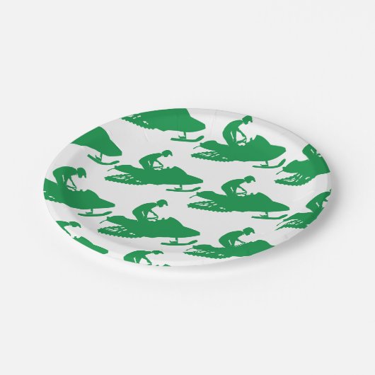 Schneemobil in Grün Pappteller (Schrägansicht)