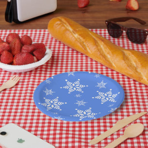 Schneemuster, Weiße Schneeflocken, Schnee, Blau Pappteller