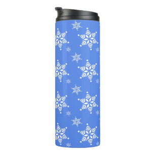 Schneemuster, Weiße Schneeflocken, Schnee, Blau Thermosbecher