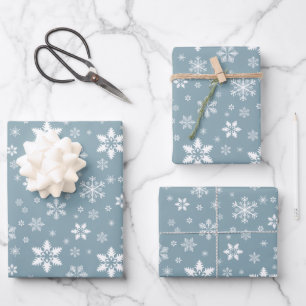Schneemuster, Weiße Schneeflocken, Schnee, Grau Geschenkpapier Set
