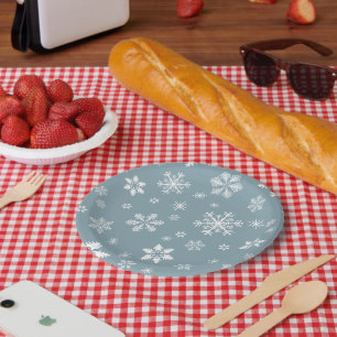 Schneemuster, Weiße Schneeflocken, Schnee, Grau Pappteller