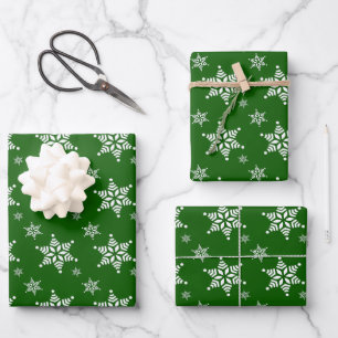 Schneemuster, Weiße Schneeflocken, Schnee, Grün Geschenkpapier Set