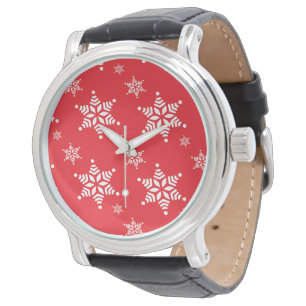 Schneemuster, Weiße Schneeflocken, Schnee, Rot Armbanduhr