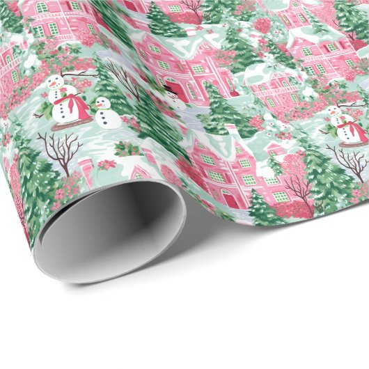 Schneepinken und grüne Weihnachtsstadt Geschenkpapier (Rolleneckpunkt)