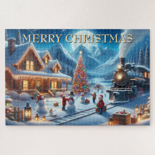 Schneereiche Winternacht mit Weihnachtszug & Schne Puzzle
