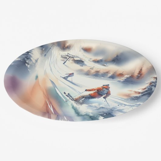 Schneeschuhfahrer im Wasser Pappteller (Schrägansicht)