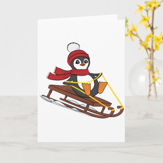 Schneeschuhlaufen Pinguin Niedliche Tiere Winter Karte (Gelbe Blume)