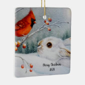 Schneeschuhrabbit & Kardinal Bird Wasserfarbener K Keramikornament (Rechts)