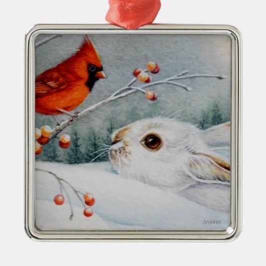 Schneeschuhrabbit und Roter Kardinal Bird - Farbe Ornament Aus Metall (Vorne)