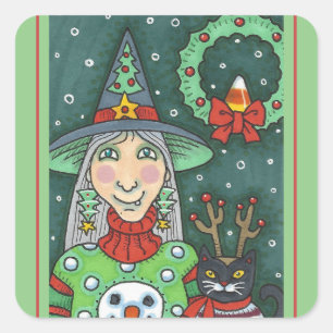 SCHNEESCHWÄTER, SCHWARZE CAT XMAS HALLOWEG QUADRATISCHER AUFKLEBER