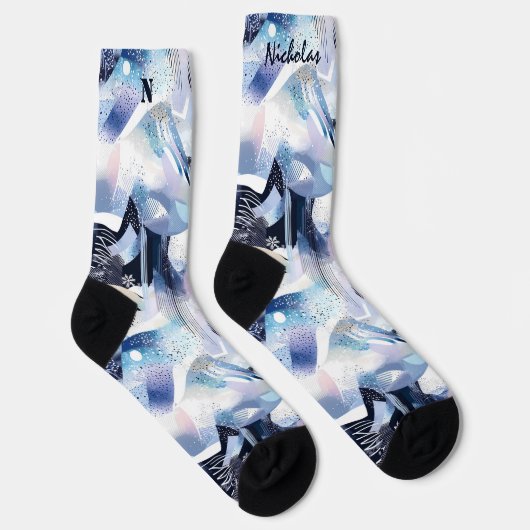 Schneesichere Abstrakte Wintersocken in Blue und L Socken (Rechts)