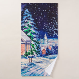 Schneesichere Winterlandschaft. Landhaus. Weihnach Badehandtuch