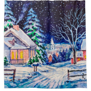 Schneesichere Winterlandschaft. Landhaus. Weihnach Duschvorhang