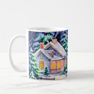 Schneesichere Winterlandschaft. Landhaus. Weihnach Kaffeetasse
