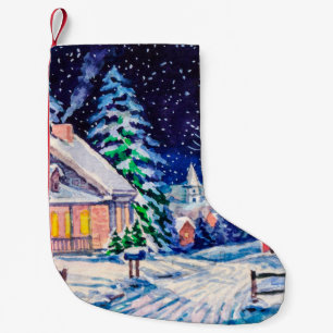 Schneesichere Winterlandschaft. Landhaus. Weihnach Kleiner Weihnachtsstrumpf