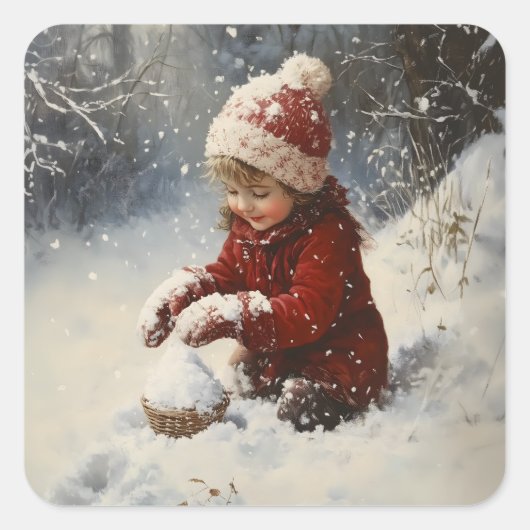 Schneespielen Quadratischer Aufkleber (Vorderseite)