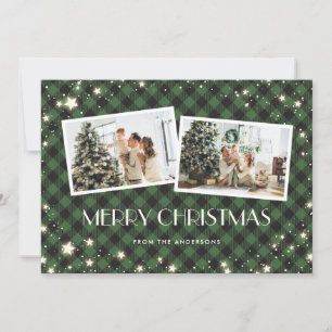 Schneestars Grünes Kariertes Foto Frohe Weihnachte Feiertagskarte