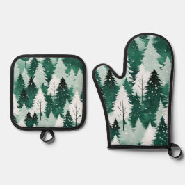 Schneeszene festliche grüne Winterbaumen Weihnacht Ofenhandschuh & Topflappen-Set