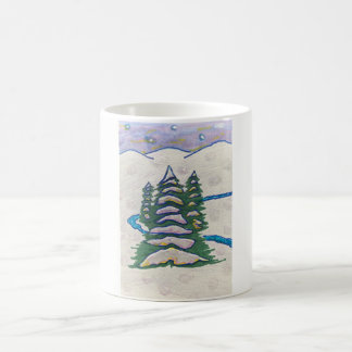 Schneeszene Fluss, Evergreens, Berge, Sterne Kaffeetasse