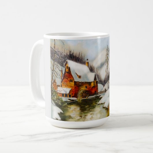 Schneeszene mit Wasserrad Kaffeetasse (Vorderseite Links)