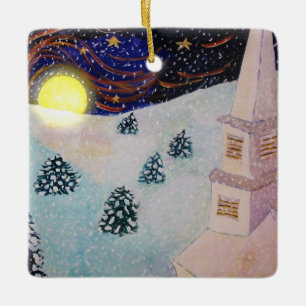 Schneeszene und Hühner Keramikornament