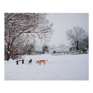 Schneeszene Winterlandschaft mit Bäumen und Hunden Poster