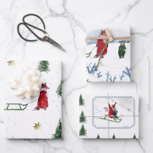 Schneetag der Fox- und Kaninchen-Illustration Geschenkpapier Set (Vorderseite)