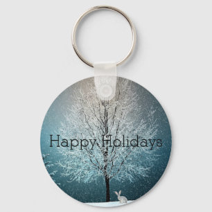 Schneetag, schneebedeckter Baum, sonniger Tag Schlüsselanhänger
