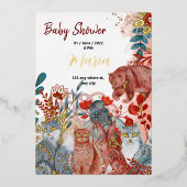 Schneetiere Füchse Blume für Babydusche Goldfolie Folieneinladung (Vorderseite)