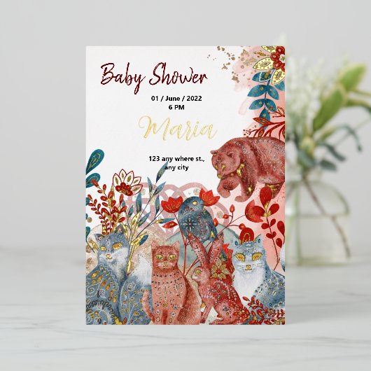 Schneetiere Füchse Blume für Babydusche Goldfolie Folieneinladung (Stehend vorne)