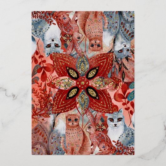 Schneetiere Füchse Blume für Babydusche Goldfolie Folieneinladung (Rückseite)