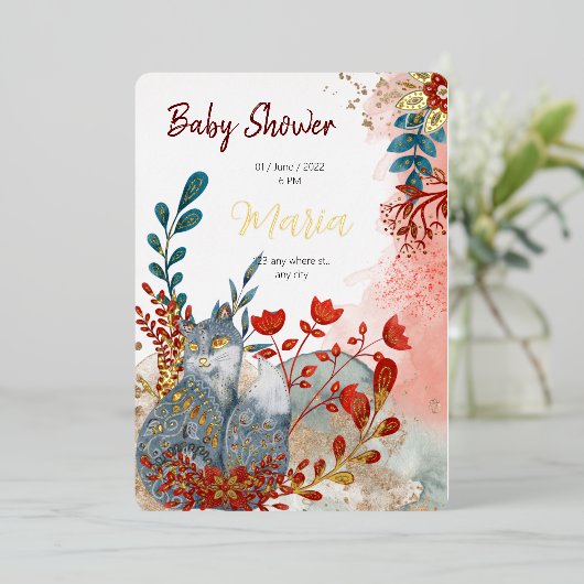 Schneetiere Füchse Blume für Babydusche Goldfolie Folieneinladung (Stehend vorne)